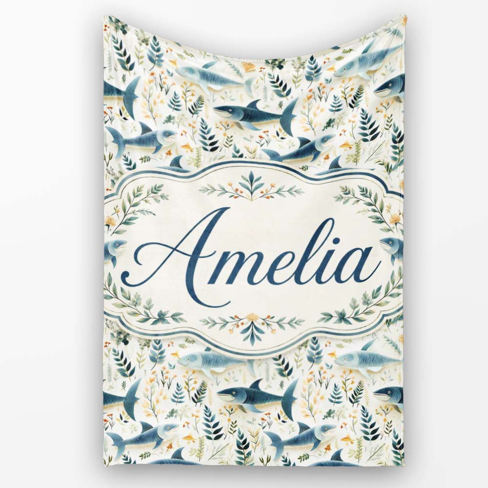 Blue Fish Botanical Seamless Pattern Name Cute Unique Gift Lovely Personalised Custom Name Super Soft Fleece Blanket Bed Sofa Throw