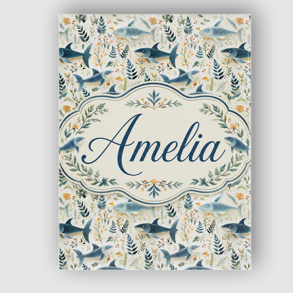 Personalised Name Blue Fish Botanical Custom Modern Room Accent Creative Decorator Style Canvas Wall Art Print Decor Picture Ready to Hang