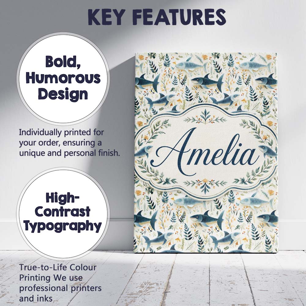 Personalised Name Blue Fish Botanical Custom Modern Room Accent Creative Decorator Style Canvas Wall Art Print Decor Picture Ready to Hang