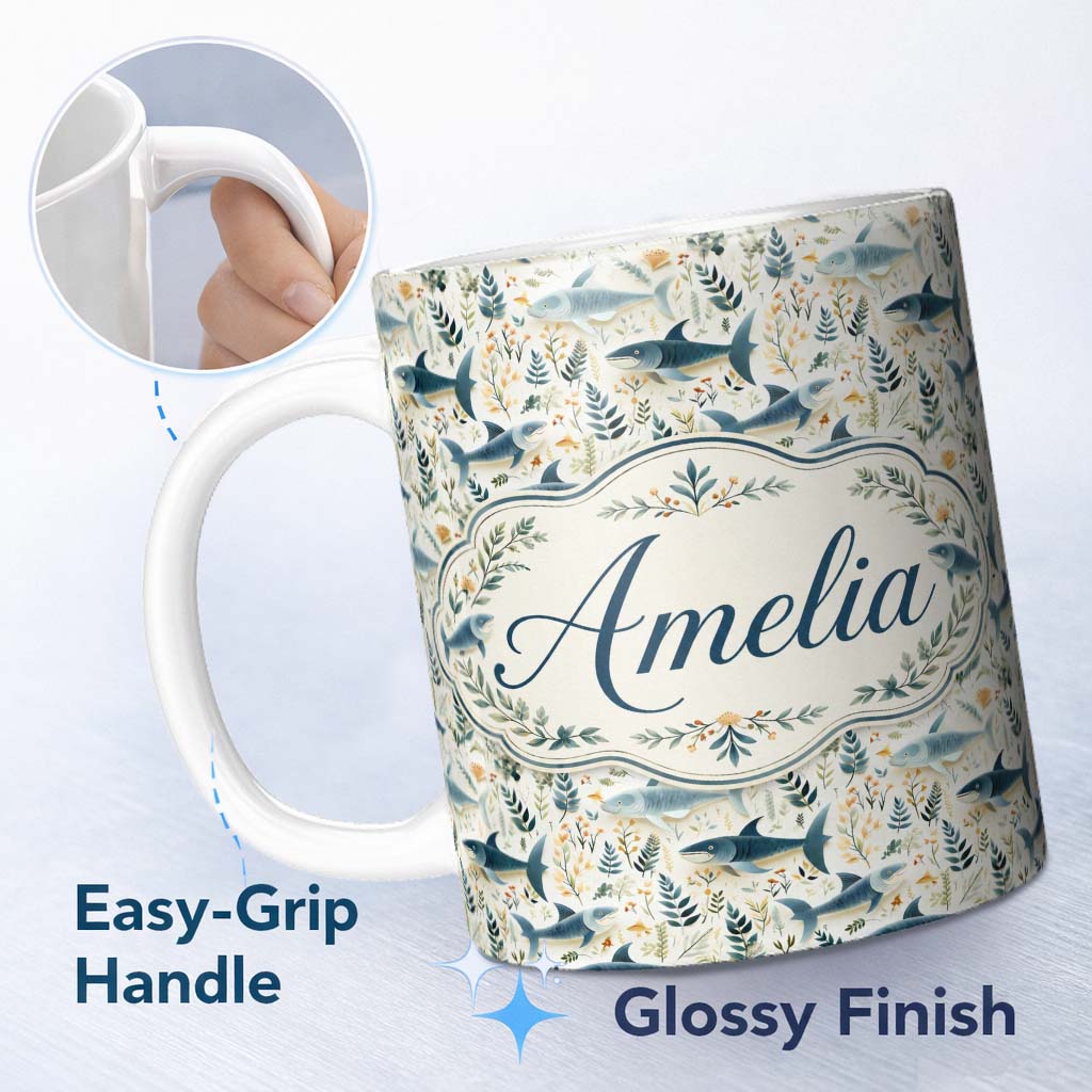 Personalized Custom Name Blue Fish Botanical Seamless Pattern Name Cute Unique Gift Lovely 11oz Ceramic Coffee Tea Mug White Large Handle