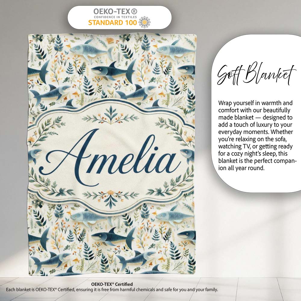 Blue Fish Botanical Seamless Pattern Name Cute Unique Gift Lovely Personalised Custom Name Super Soft Fleece Blanket Bed Sofa Throw