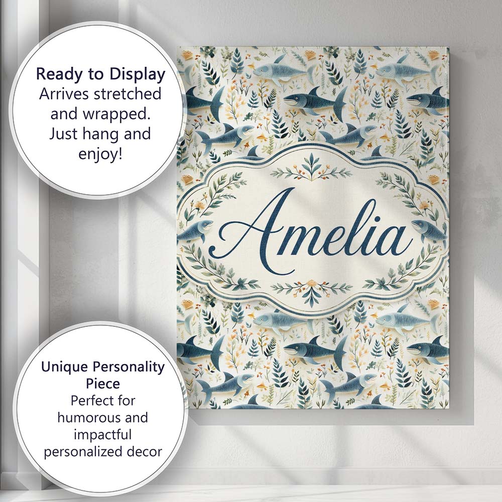 Personalised Name Blue Fish Botanical Custom Modern Room Accent Creative Decorator Style Canvas Wall Art Print Decor Picture Ready to Hang
