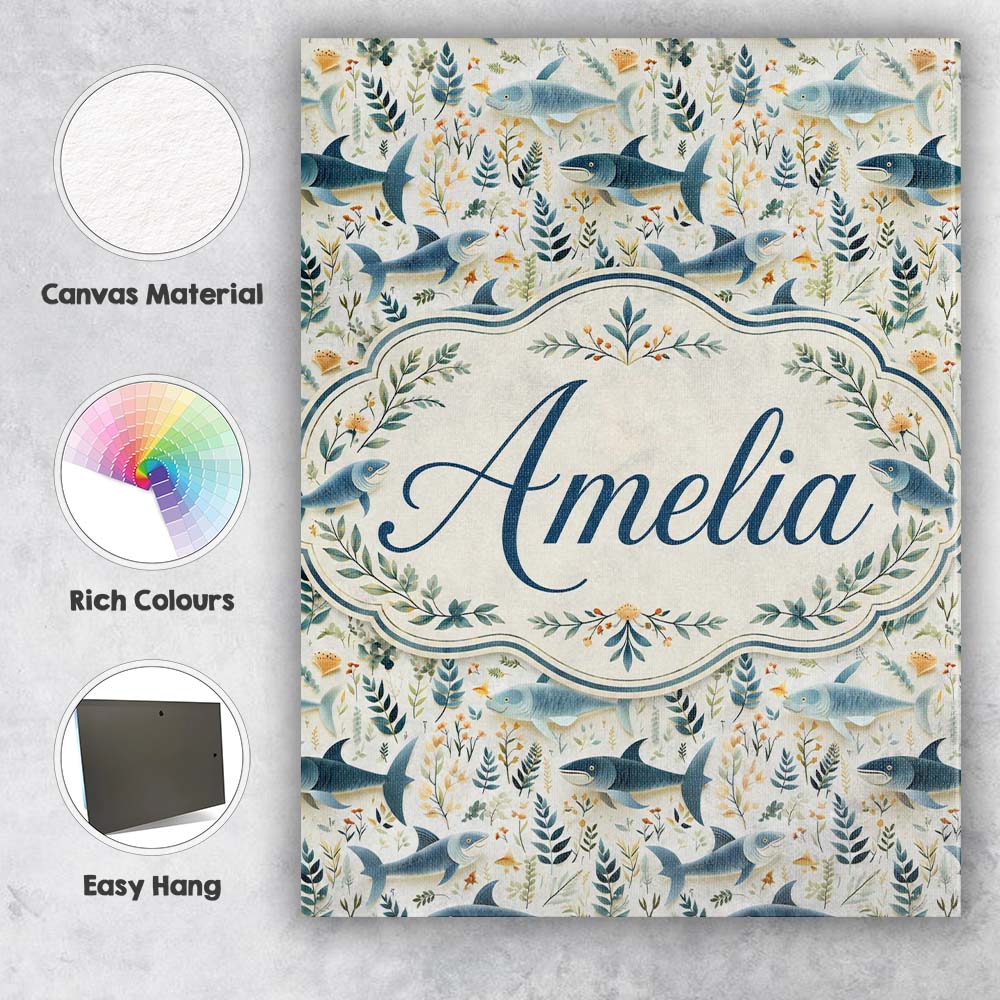 Personalised Name Blue Fish Botanical Custom Modern Room Accent Creative Decorator Style Canvas Wall Art Print Decor Picture Ready to Hang