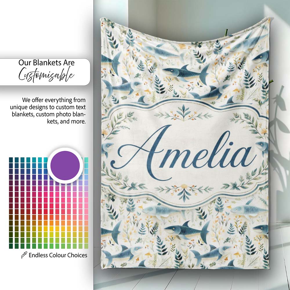 Blue Fish Botanical Seamless Pattern Name Cute Unique Gift Lovely Personalised Custom Name Super Soft Fleece Blanket Bed Sofa Throw