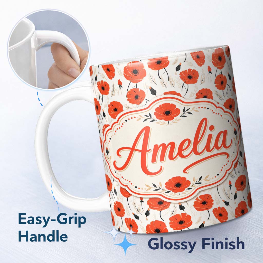 Personalized Custom Name Minimal Red Poppy Floral Pattern Elegant Botanical Seamless Design 11oz Ceramic Coffee Tea Mug White Large Handle