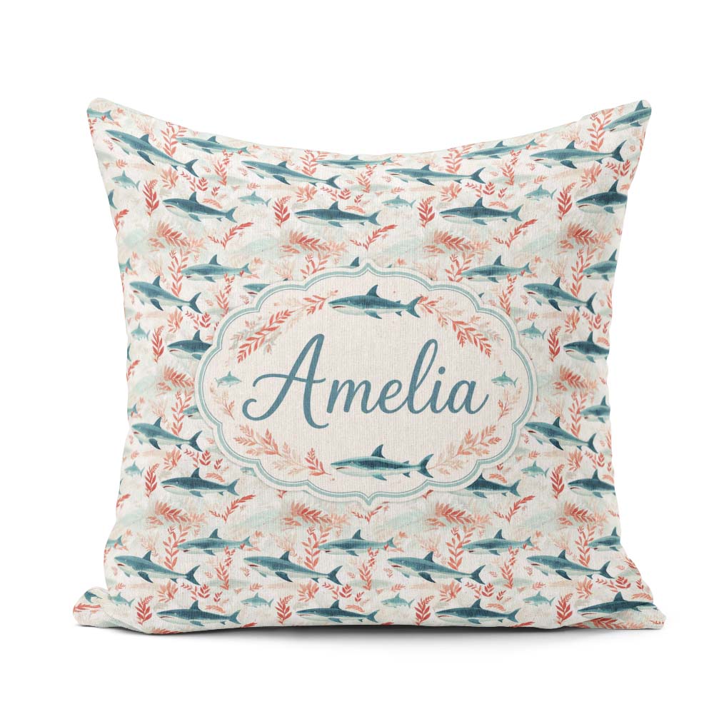 Custom Name Sharks Red Seaweed Ocean Seamless Pattern Name Cute Square Filled Cushion Throw Pillow Sofa Bed Home Decor Zip Washable UK Made
