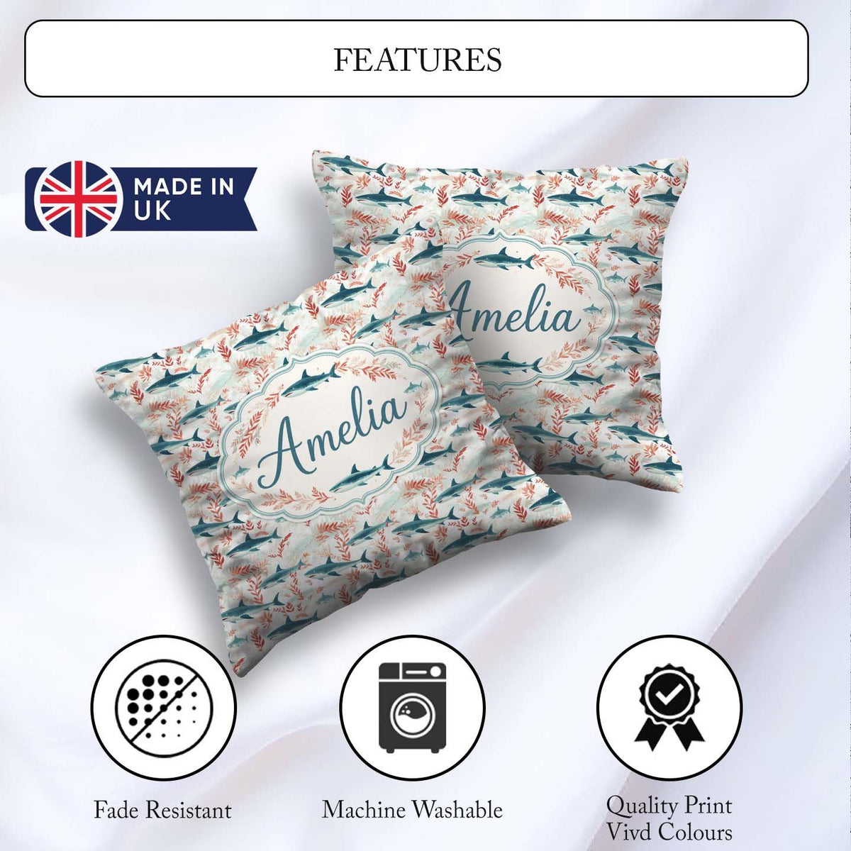 Custom Name Sharks Red Seaweed Ocean Seamless Pattern Name Cute Square Filled Cushion Throw Pillow Sofa Bed Home Decor Zip Washable UK Made