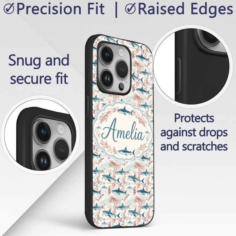 Sharks Red Seaweed Ocean Seamless Pattern Name Custom Name Protective Phone Case Mobile Cover Durable Everyday Smartphone Shock Resistant