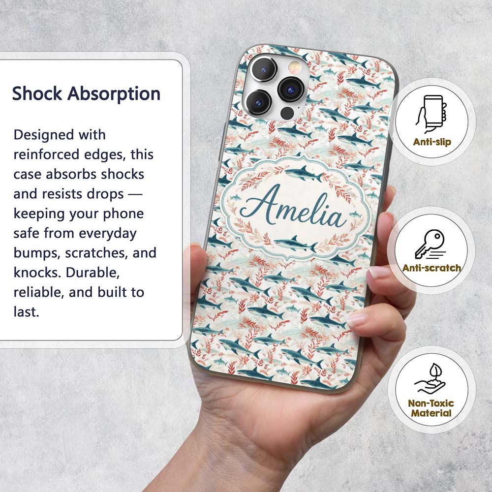 Sharks Red Seaweed Ocean Seamless Pattern Name Custom Name Protective Phone Case Mobile Cover Durable Everyday Smartphone Shock Resistant