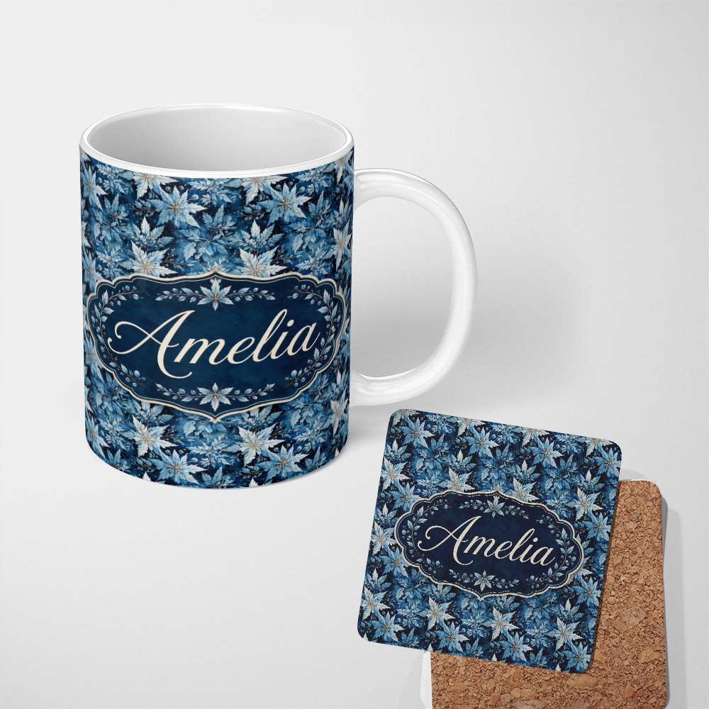 Personalized Custom Name Blue Winter Leaves Snowflake Seamless Pattern Custom Name Cute 11oz Ceramic Coffee Tea Mug White Large Handle