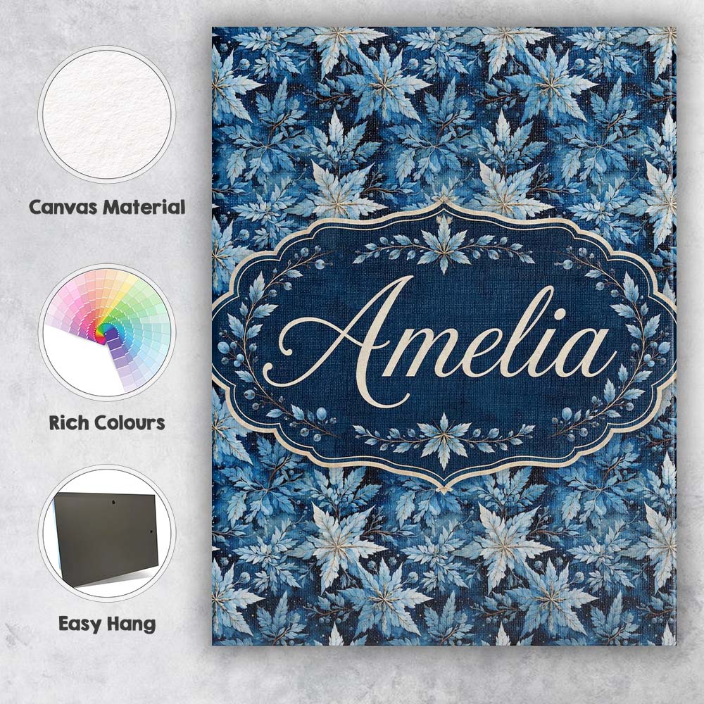 Personalised Name Blue Winter Leaves Custom Premium Decorative Design Modern Room Accent Canvas Wall Art Print Decor Picture Ready to Hang