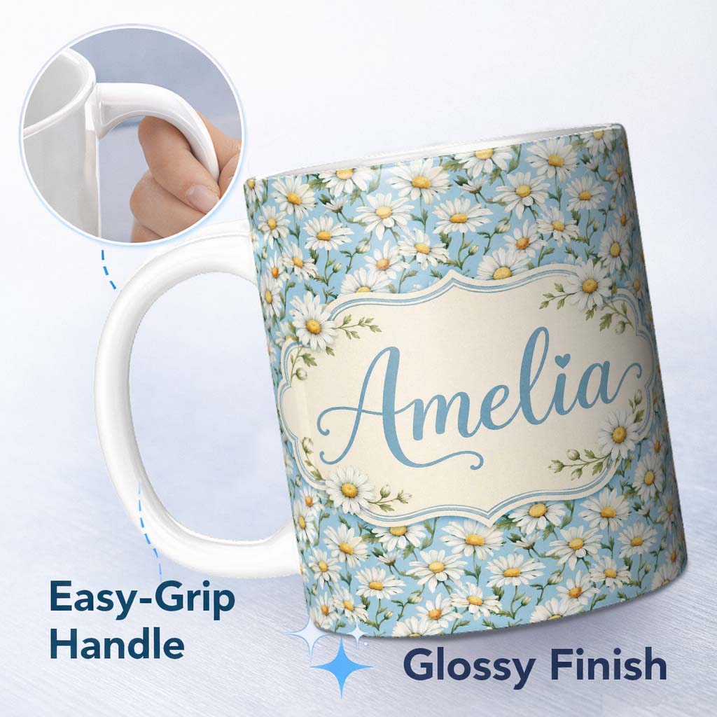 Personalized Custom Name Classic White Daisies on Blue Background Seamless Pattern Lovely 11oz Ceramic Coffee Tea Mug White Large Handle