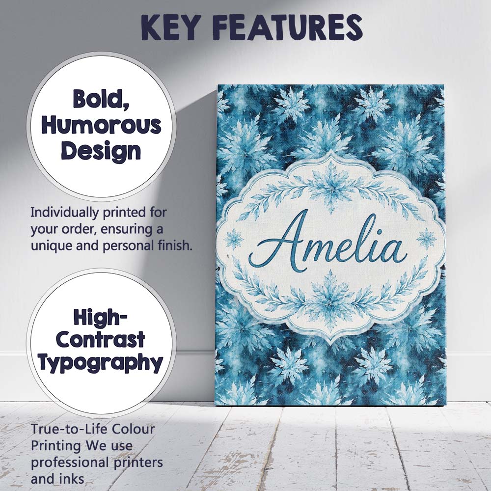 Personalised Name Frosted Blue Leaves Custom Modern Room Accent Creative Decorator Style Canvas Wall Art Print Decor Picture Ready to Hang