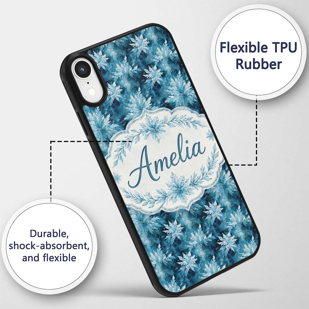 Frosted Blue Leaves Winter Seamless Pattern Name Custom Name Protective Phone Case Mobile Cover Durable Everyday Smartphone Shock Resistant