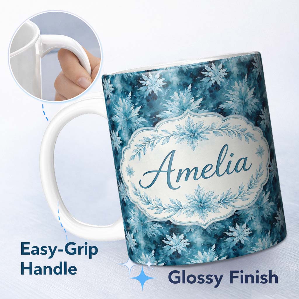Personalized Custom Name Frosted Blue Leaves Winter Seamless Pattern Name Cute Unique Gift 11oz Ceramic Coffee Tea Mug White Large Handle