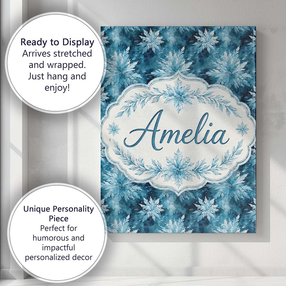 Personalised Name Frosted Blue Leaves Custom Modern Room Accent Creative Decorator Style Canvas Wall Art Print Decor Picture Ready to Hang