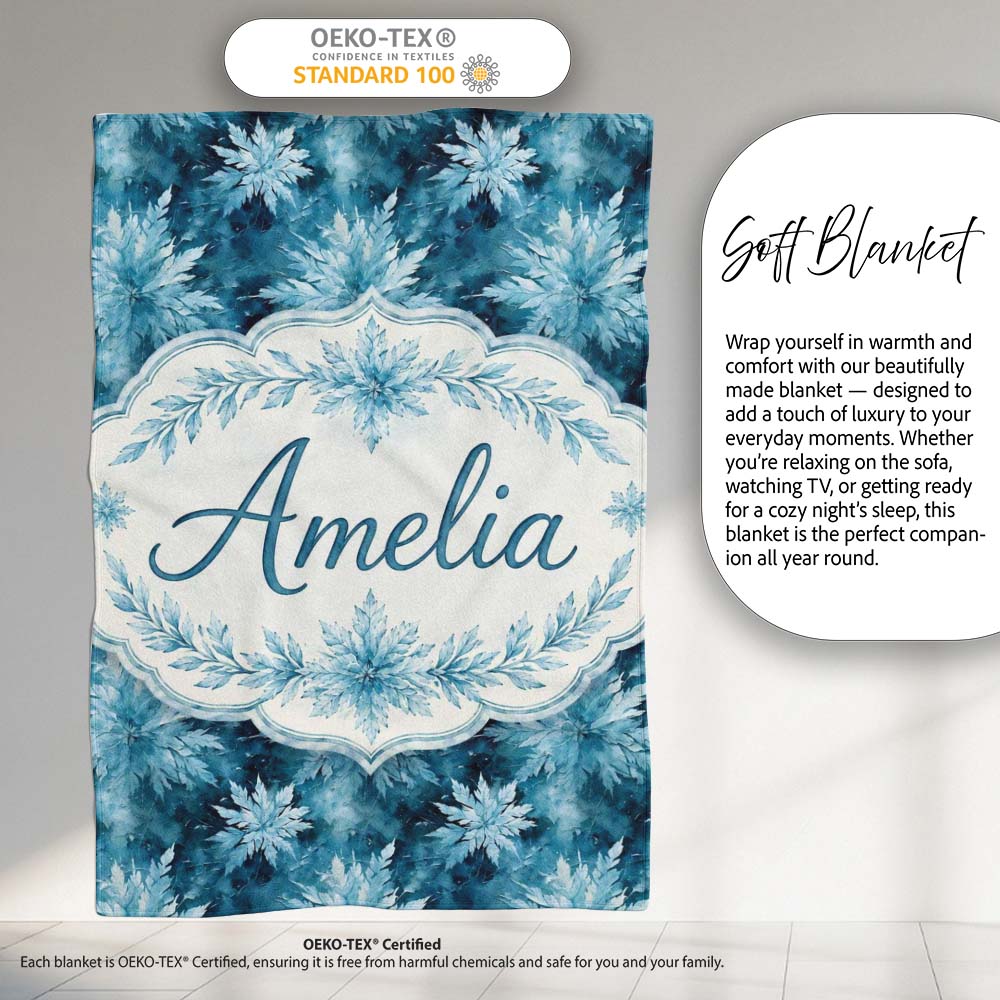 Frosted Blue Leaves Winter Seamless Pattern Name Cute Unique Gift Personalised Custom Name Super Soft Fleece Blanket Bed Sofa Throw