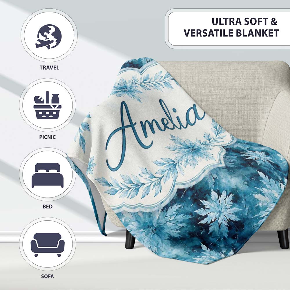 Frosted Blue Leaves Winter Seamless Pattern Name Cute Unique Gift Personalised Custom Name Super Soft Fleece Blanket Bed Sofa Throw