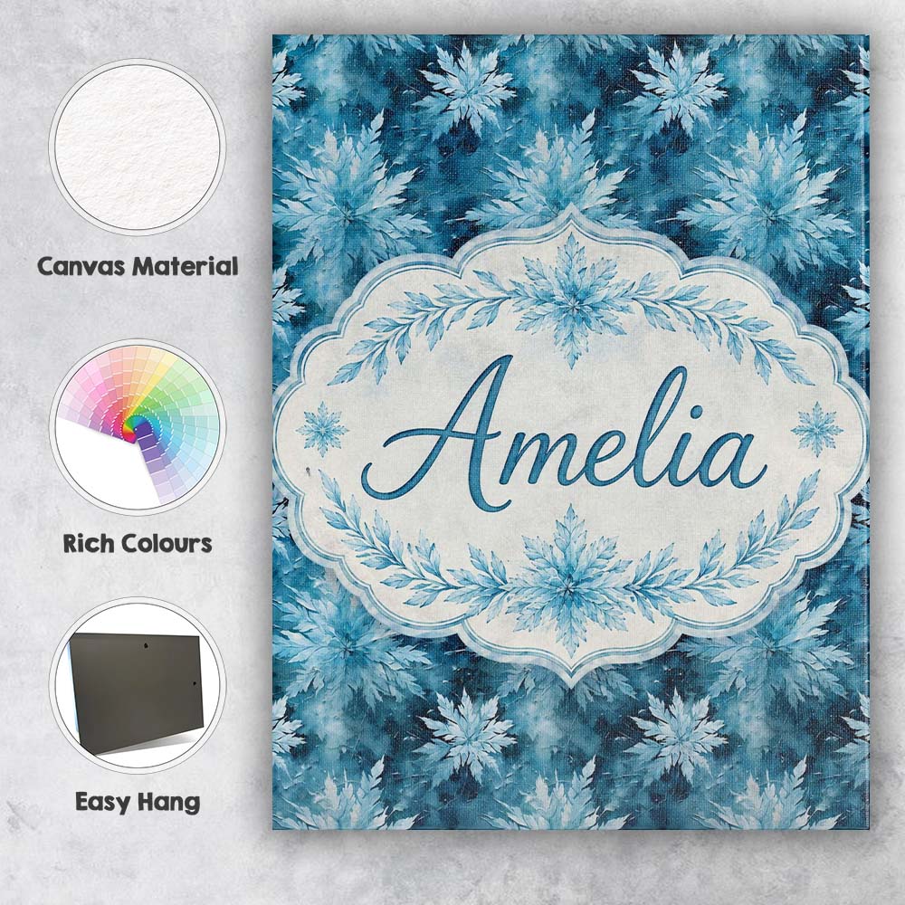 Personalised Name Frosted Blue Leaves Custom Modern Room Accent Creative Decorator Style Canvas Wall Art Print Decor Picture Ready to Hang