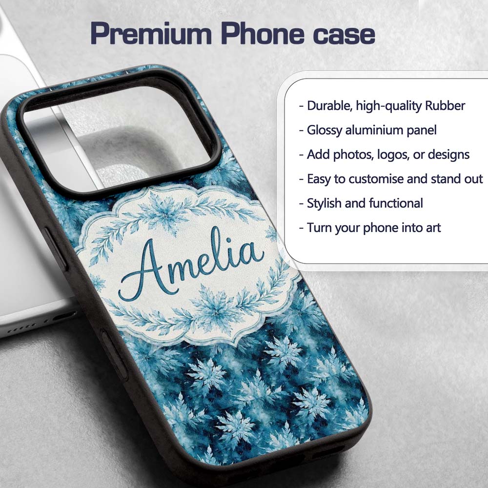 Frosted Blue Leaves Winter Seamless Pattern Name Custom Name Protective Phone Case Mobile Cover Durable Everyday Smartphone Shock Resistant