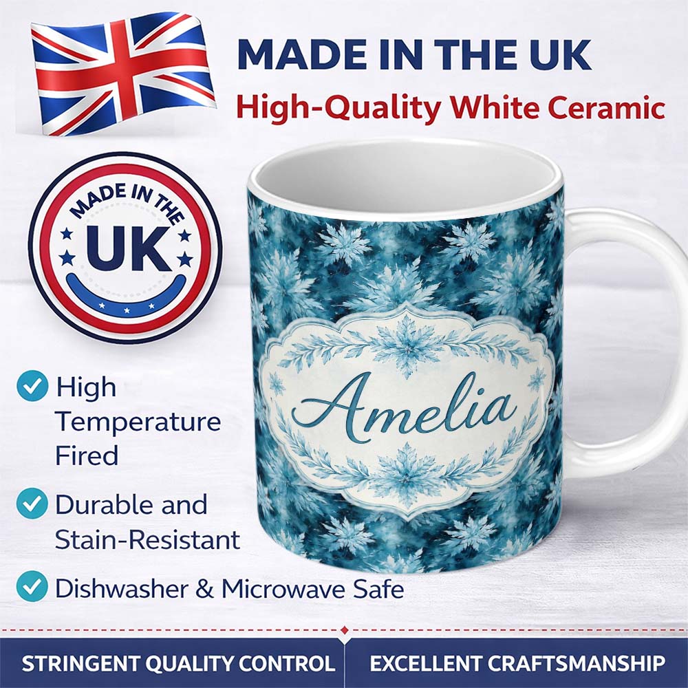 Personalized Custom Name Frosted Blue Leaves Winter Seamless Pattern Name Cute Unique Gift 11oz Ceramic Coffee Tea Mug White Large Handle
