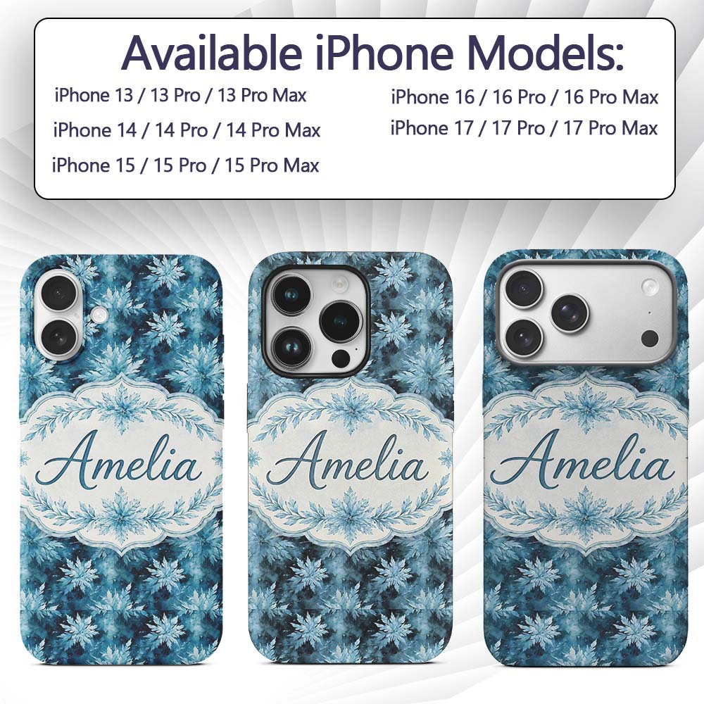 Frosted Blue Leaves Winter Seamless Pattern Name Custom Name Protective Phone Case Mobile Cover Durable Everyday Smartphone Shock Resistant