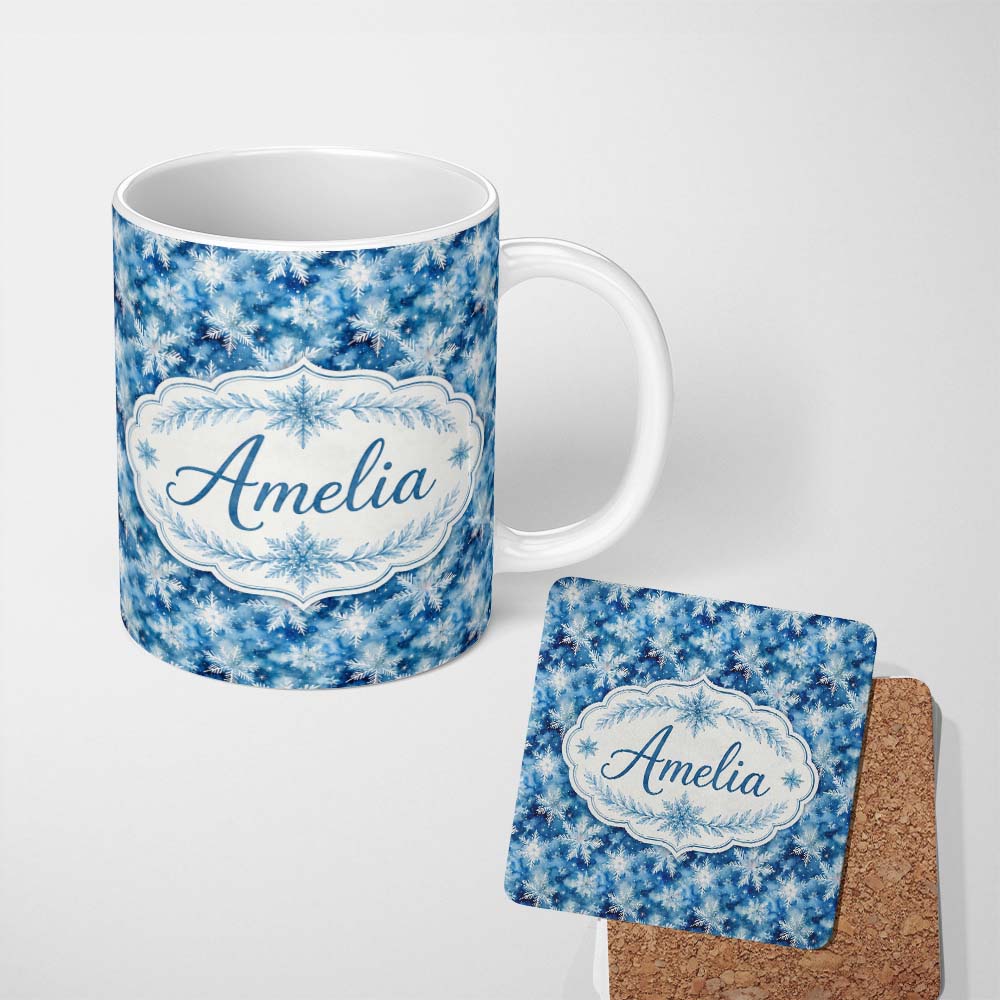 Personalized Custom Name Snowflake Winter Blue Sky Seamless Pattern Name Cute Unique Gift 11oz Ceramic Coffee Tea Mug White Large Handle