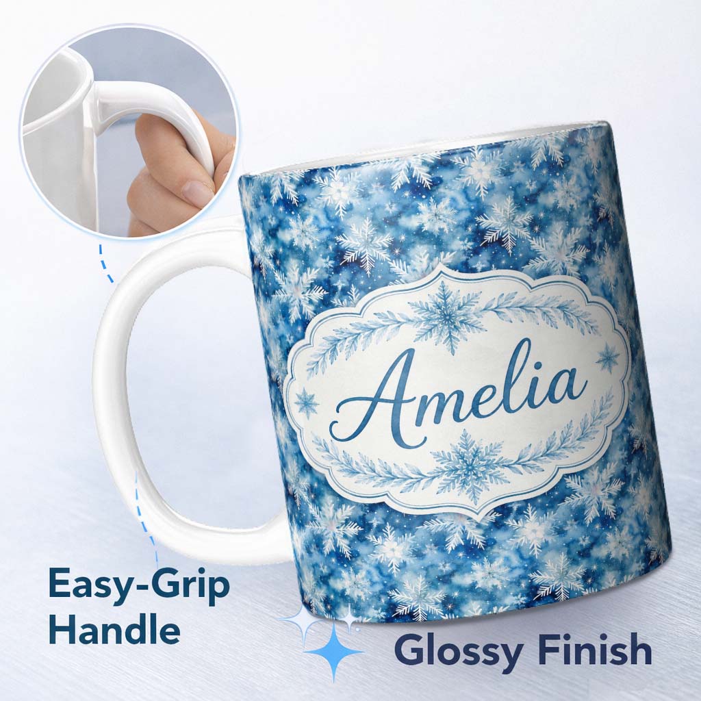 Personalized Custom Name Snowflake Winter Blue Sky Seamless Pattern Name Cute Unique Gift 11oz Ceramic Coffee Tea Mug White Large Handle