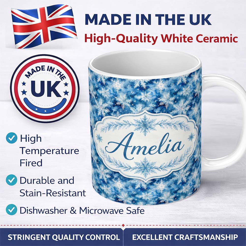 Personalized Custom Name Snowflake Winter Blue Sky Seamless Pattern Name Cute Unique Gift 11oz Ceramic Coffee Tea Mug White Large Handle