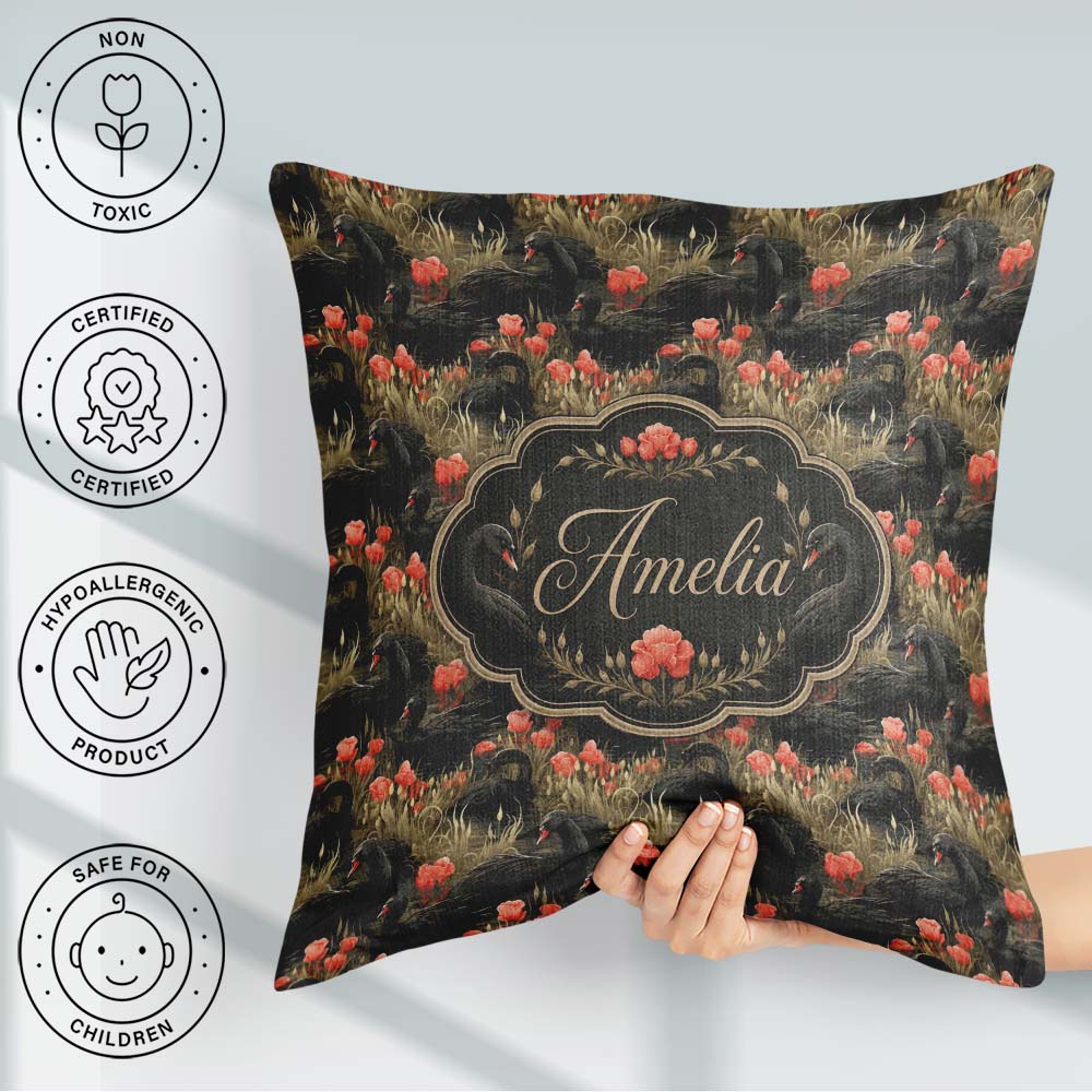 Custom Name Black Swan Red Flowers Nature Seamless Pattern Name Square Filled Cushion Throw Pillow Sofa Bed Home Decor Zip Washable UK Made
