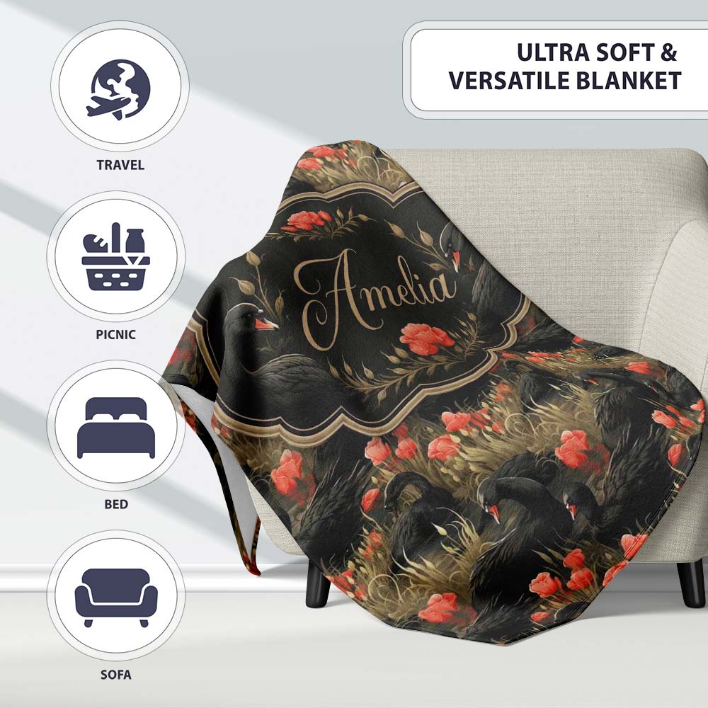 Black Swan Red Flowers Nature Seamless Pattern Name Cute Unique Gift Personalised Custom Name Super Soft Fleece Blanket Bed Sofa Throw