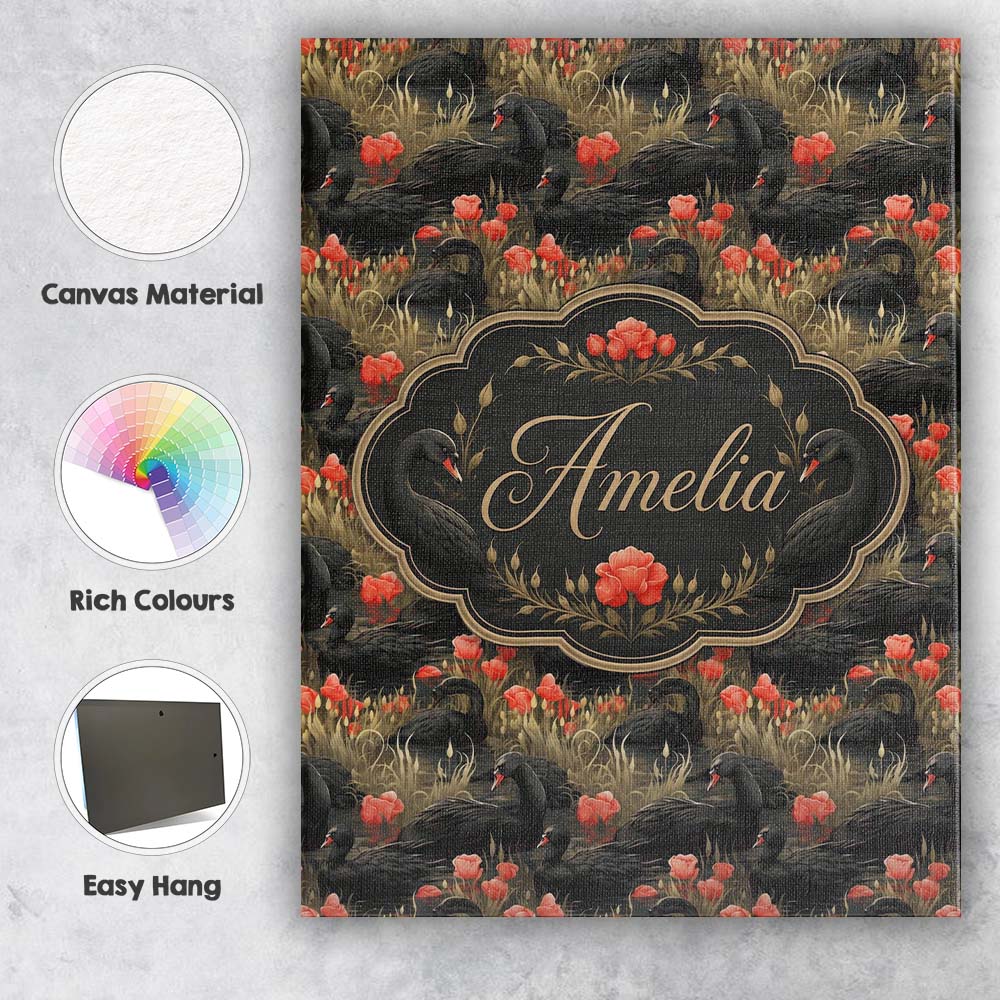 Personalised Name Black Swan Red Flowers Custom Unique Gift Idea Elegant Feature Canvas Wall Art Print Decor Picture Ready to Hang