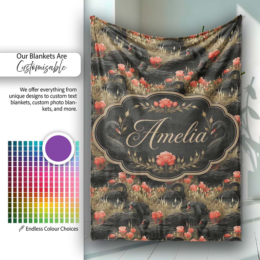 Black Swan Red Flowers Nature Seamless Pattern Name Cute Unique Gift Personalised Custom Name Super Soft Fleece Blanket Bed Sofa Throw