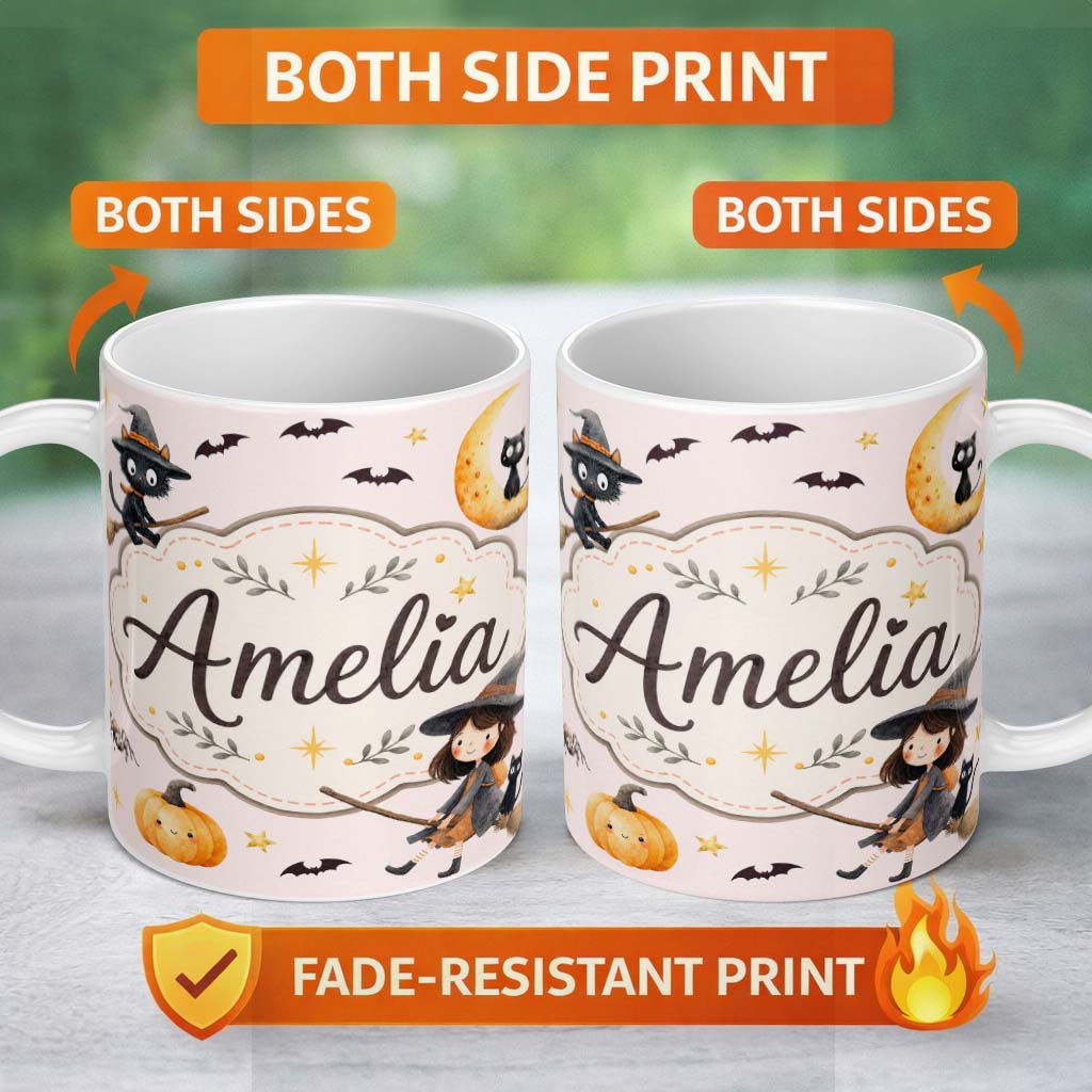 Personalized Custom Name Halloween Witch Cat Moon Stars Spooky Night Blush Seamless Pattern 11oz Ceramic Coffee Tea Mug White Large Handle