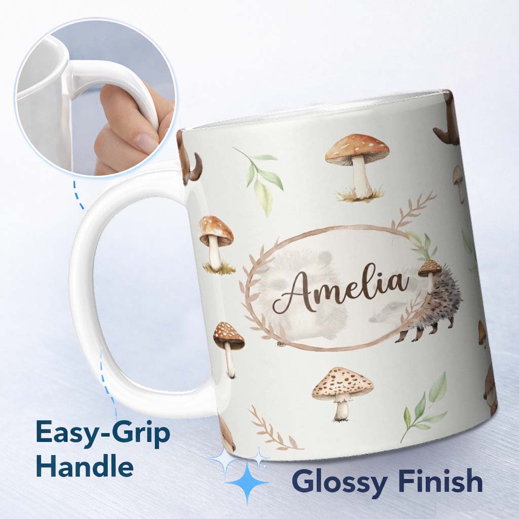 Personalized Custom Name Woodland Hedgehogs with Mushrooms Leaves Light Grey Seamless 11oz Ceramic Coffee Tea Mug White Large Handle