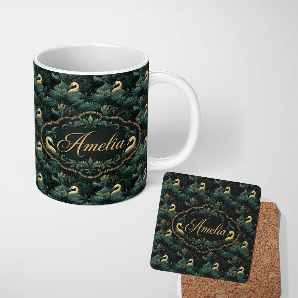 Personalized Custom Name Elegant Swan Dark Feather Seamless Pattern Name Cute Unique Gift 11oz Ceramic Coffee Tea Mug White Large Handle