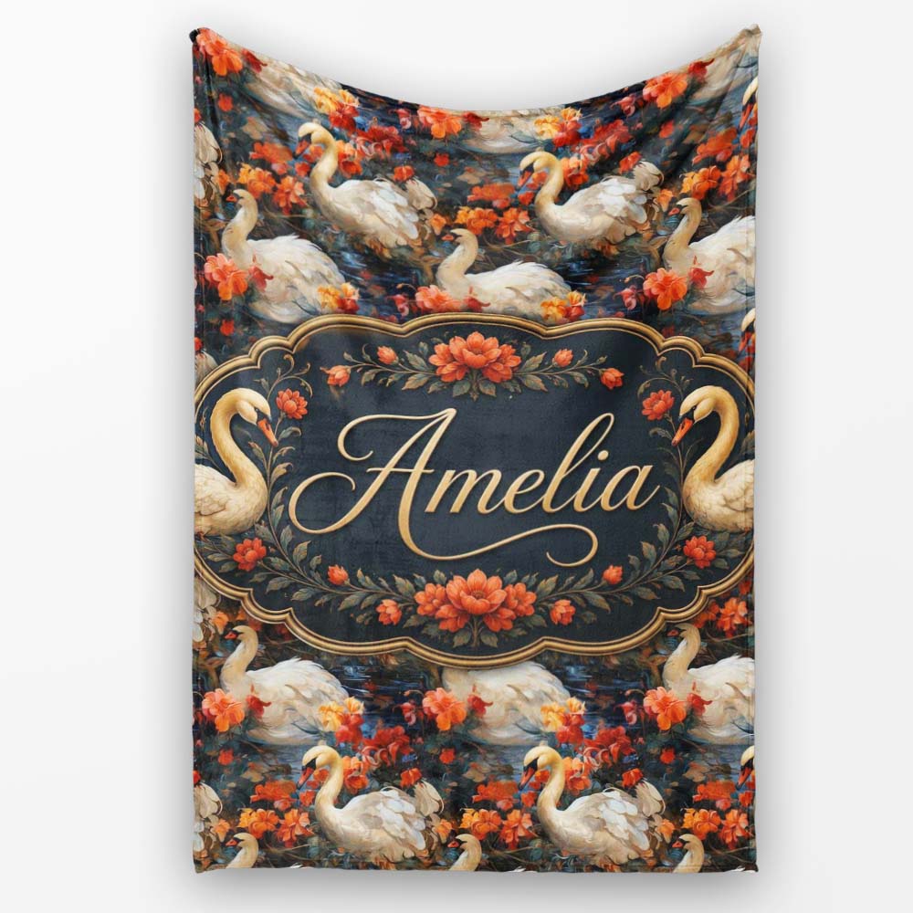 Elegant White Swan with Red Floral Garden Seamless Pattern Name Cute Personalised Custom Name Super Soft Fleece Blanket Bed Sofa Throw