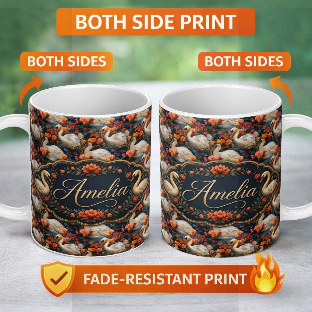 Personalized Custom Name Elegant White Swan with Red Floral Garden Seamless Pattern Name Cute 11oz Ceramic Coffee Tea Mug White Large Handle