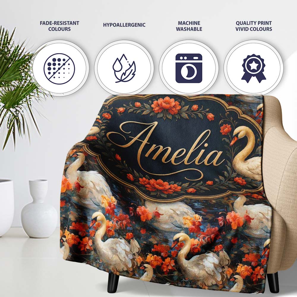 Elegant White Swan with Red Floral Garden Seamless Pattern Name Cute Personalised Custom Name Super Soft Fleece Blanket Bed Sofa Throw