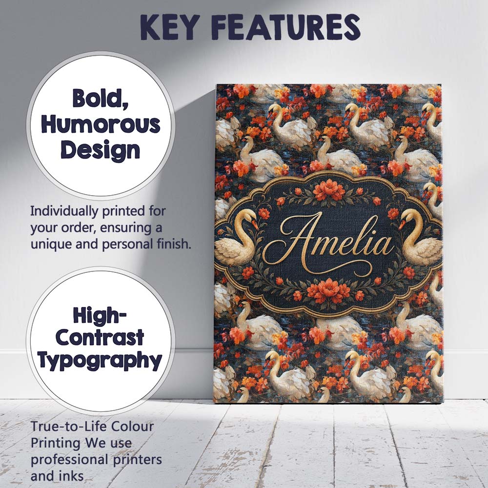 Personalised Name Elegant White Swan with Custom Bespoke Decorative Contemporary Canvas Wall Art Print Decor Picture Ready to Hang