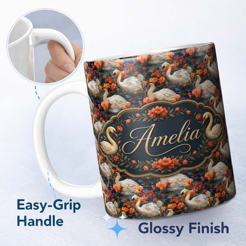 Personalized Custom Name Elegant White Swan with Red Floral Garden Seamless Pattern Name Cute 11oz Ceramic Coffee Tea Mug White Large Handle