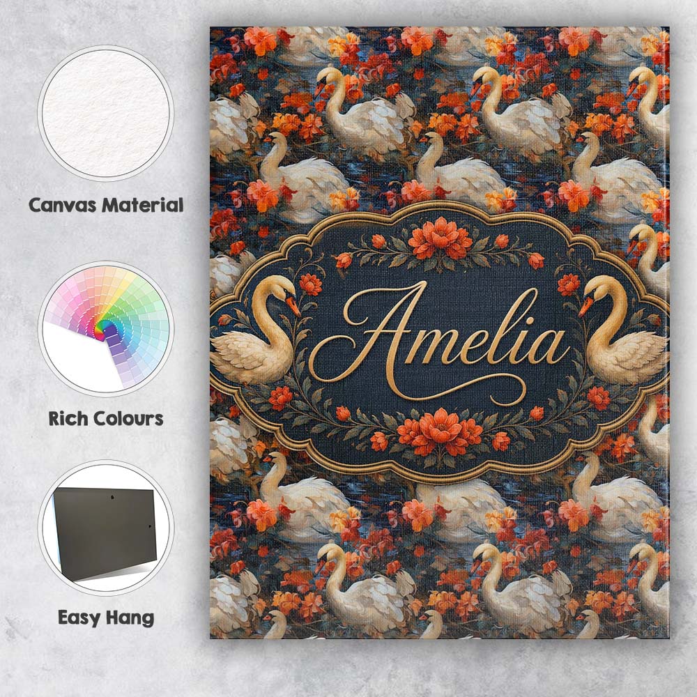 Personalised Name Elegant White Swan with Custom Bespoke Decorative Contemporary Canvas Wall Art Print Decor Picture Ready to Hang