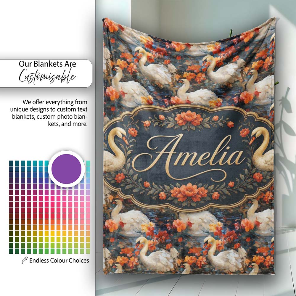 Elegant White Swan with Red Floral Garden Seamless Pattern Name Cute Personalised Custom Name Super Soft Fleece Blanket Bed Sofa Throw