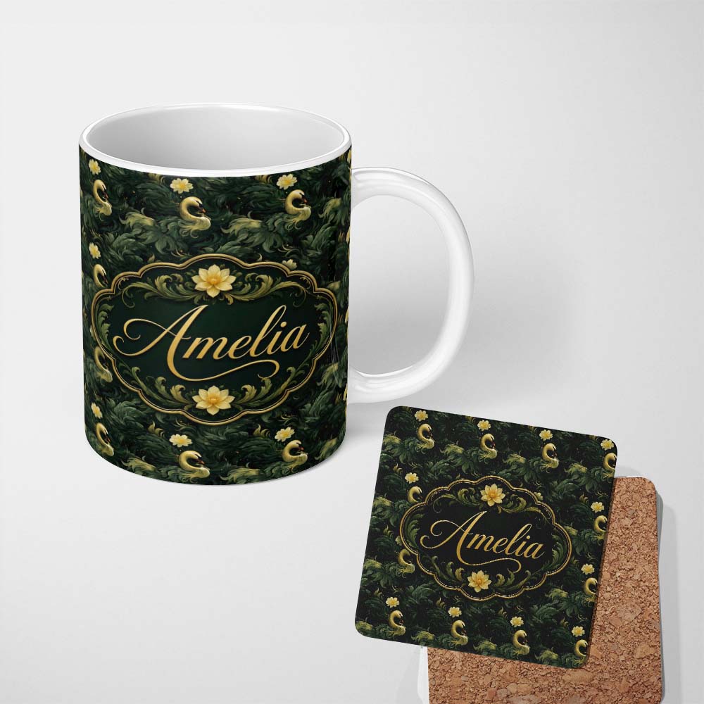 Personalized Custom Name Golden Swan Dark Leaves Floral Night Seamless Pattern Name Cute 11oz Ceramic Coffee Tea Mug White Large Handle