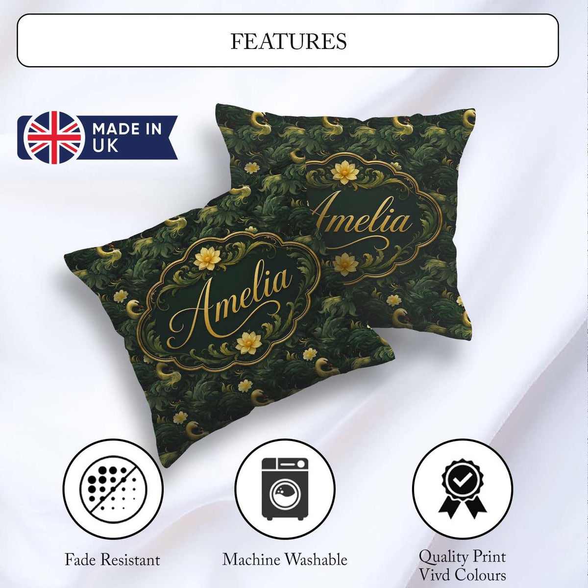 Custom Name Golden Swan Dark Leaves Floral Seamless Pattern Name Square Filled Cushion Throw Pillow Sofa Bed Home Decor Zip Washable UK Made