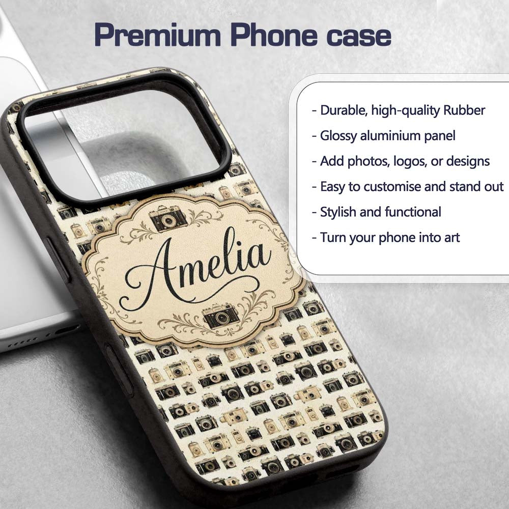 Vintage Camera Collection Photography Seamless Custom Name Protective Phone Case Mobile Cover Durable Everyday Smartphone Shock Resistant