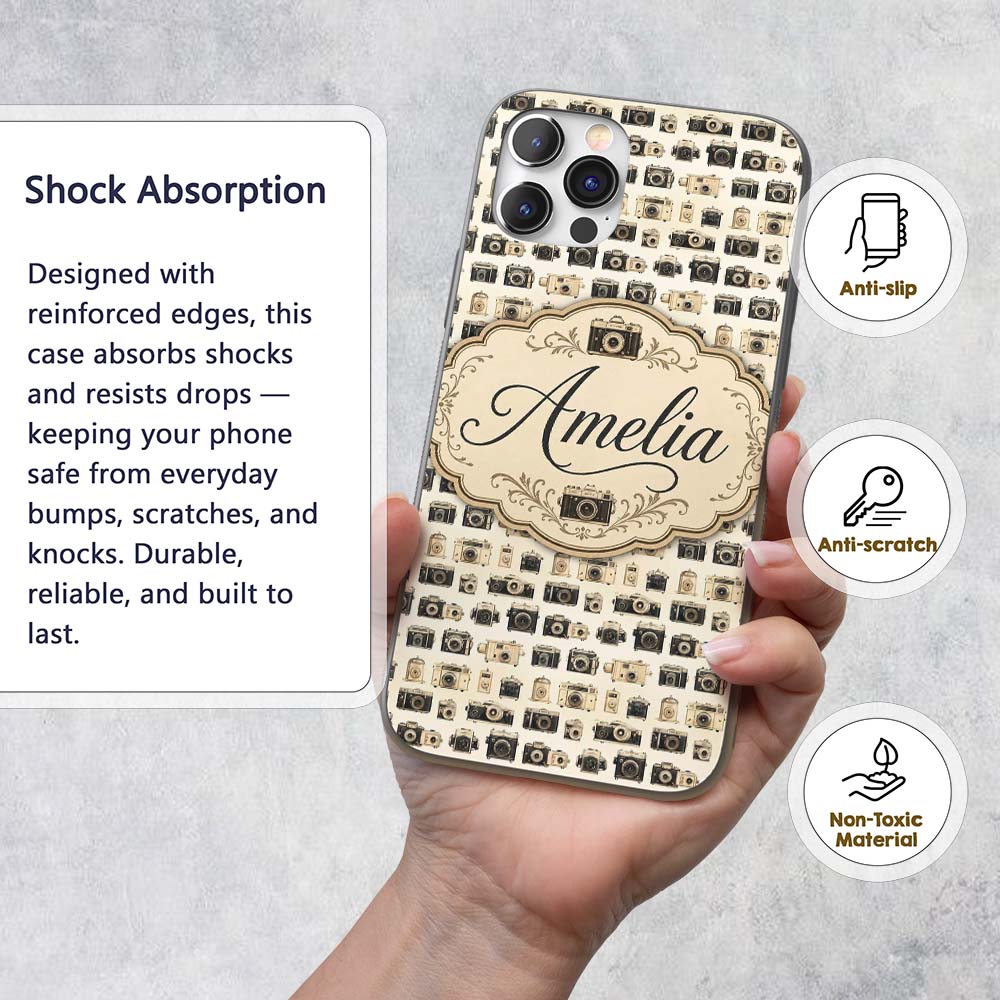Vintage Camera Collection Photography Seamless Custom Name Protective Phone Case Mobile Cover Durable Everyday Smartphone Shock Resistant