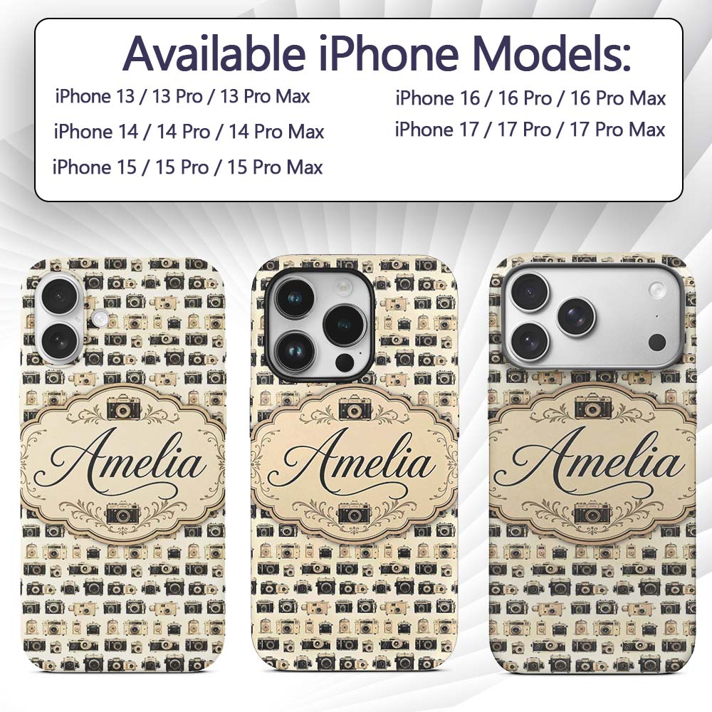 Vintage Camera Collection Photography Seamless Custom Name Protective Phone Case Mobile Cover Durable Everyday Smartphone Shock Resistant