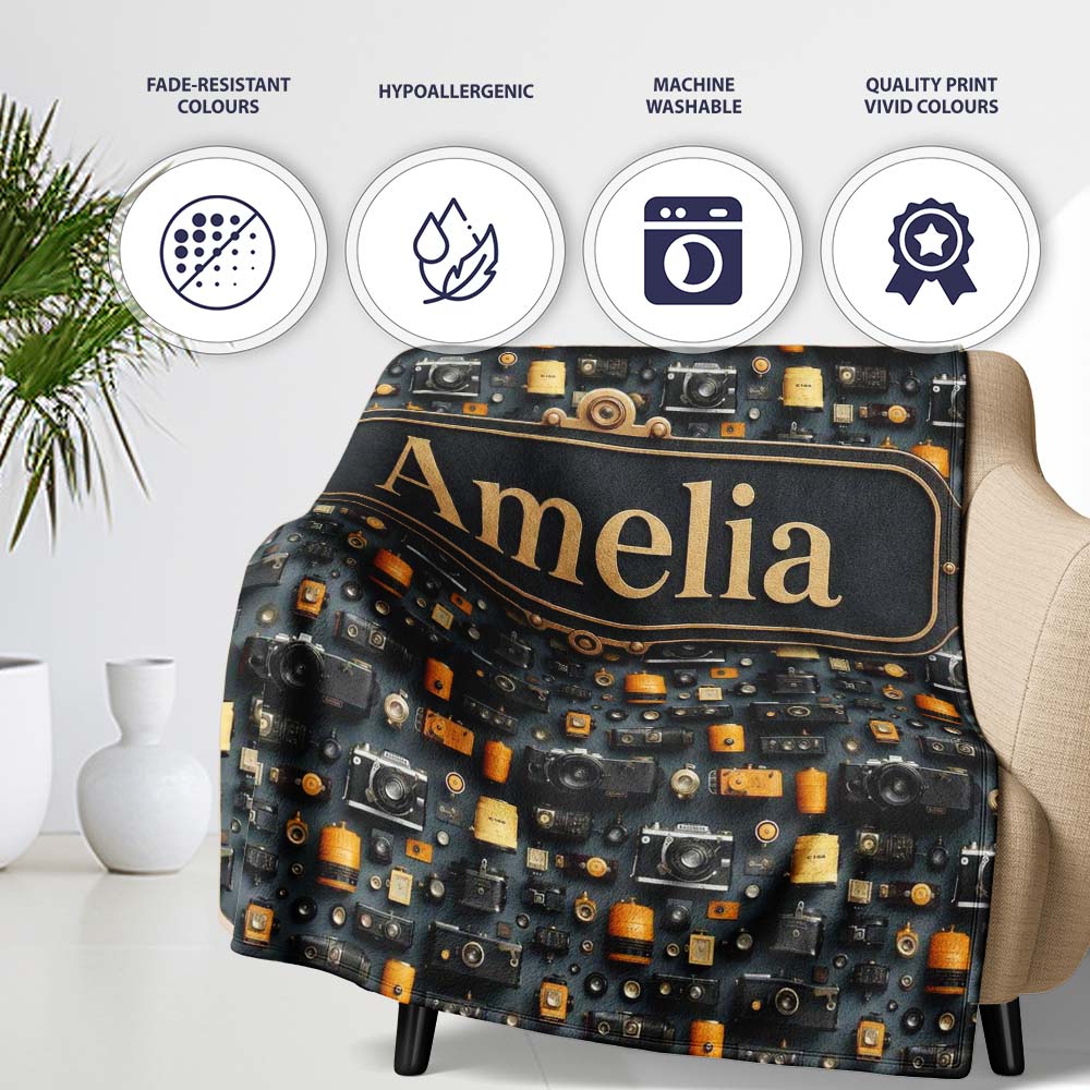 Classic Camera and Film Accessories Dark Seamless Pattern Custom Personalised Custom Name Super Soft Fleece Blanket Bed Sofa Throw