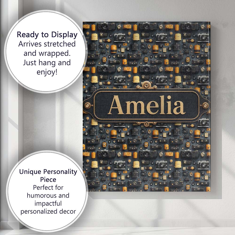 Personalised Name Classic Camera and Film Custom Unique Gift Idea Elegant Feature Canvas Wall Art Print Decor Picture Ready to Hang